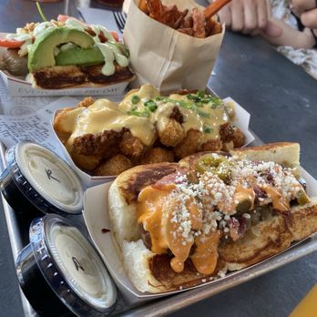 Dog Haus Biergarten - (Back to front) Sooo Veggie, Sweet Potato Fries, Chili Cheese Tots, Old Town, Garlic Aioli & Miso Ranch dipping sauces - Burgers Near Me - Pasadena, California