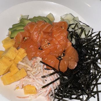 Wild Ginger - Poke bowl with salmon, tamago, cucumber, avocado, krab salad, and crunchy nori - Asian Fusion Near Me - Jacksonville Beach, Florida