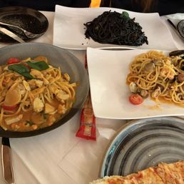 Squid ink pasta, seafood pasta, scallop pasta, margherita pizza Squid ink pasta, seafood pasta, scallop pasta, margherita pizza