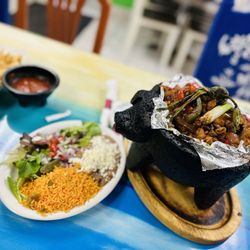 La Enchilada - Molcajete Fajitas for 2 People, rice and beans , salad, Chips and salsa