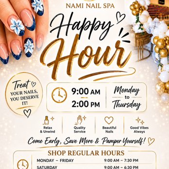 Nami Nail Spa - Happy Hour 10% Off 1 Main Service $40 & Up. NO COMBINE Promotion. - Nail Salons Near Me - Las Vegas, Nevada Nami Nail Spa - Happy Hour 10% Off 1 Main Service $40 & Up. NO COMBINE Promotion. - Nail Salons Near Me - Las Vegas, Nevada