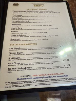 Menu photo 1 Taj Mahal Masala Vero Beach, FL