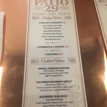 Patio29 Spirits Company - Menu - Distilleries Near Me - Winters, California