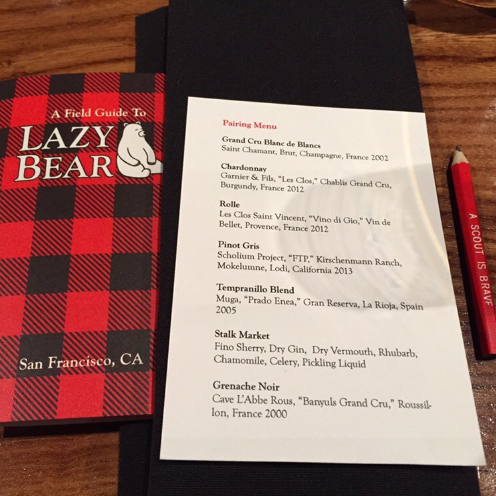 Lazy Bear - Pairings and field guide for note taking. How else am I going to remember the egg fudge was cooked in a jacuzzi of peanut oil! - New American Near Me - San Francisco, California