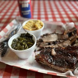 Red State BBQ - Two Meat Plate - Ribs & Sliced Brisket w/ Greens and Corn Pudding.