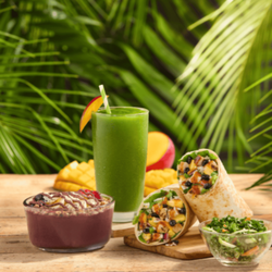 Tropical Smoothie Cafe - Detox Island Green®, Acai Bowl with Nutella®, Caribbean Jerk Chicken Wrap, Kale & Apple Slaw.