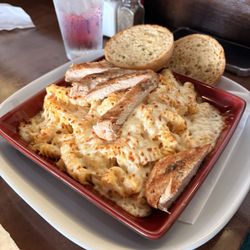 Gluten free pasta and Alfredo sauce, chicken breast and gluten free garlic bread