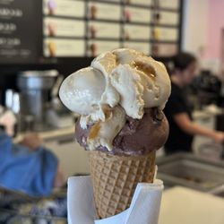 Gelato Boy - Small cone with 2 flavors: Gooey Caramel Butter Cake + Chocolate Hazelnut Crunch! 7/2025