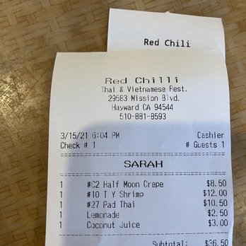 Red Chili - My receipt - Thai Near Me - Hayward, California