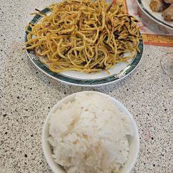 Pan fried noodles and white rice