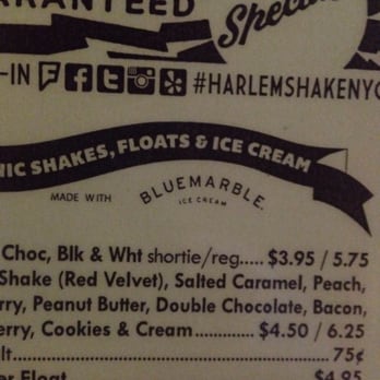 Harlem Shake - The menu. It reads as if they offer a "bacon shake". Not a double chocolate bacon shake. - American Near Me - New York, New York Harlem Shake - The menu. It reads as if they offer a "bacon shake". Not a double chocolate bacon shake. - American Near Me - New York, New York