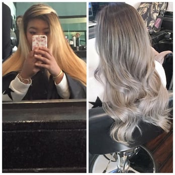 Hairdo - Left: after bleaching and blowdrying Right: final product (lighting tweaked because it was around 6 pm and the salon was a little dark) - Hair Salons Near Me - Denver, Colorado