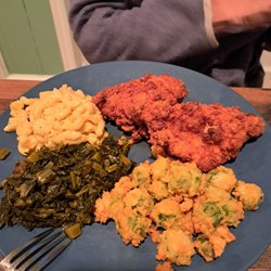 Martha's Kitchen - Fried chicken (w spicy honey) and collards, mac and cheese and fried okra