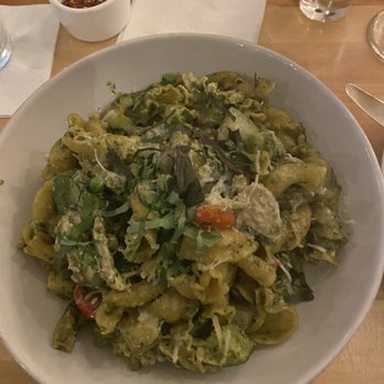 d’Alba - Campanelle Pasta with basil pesto and added chicken - New American Near Me - Houston, Texas