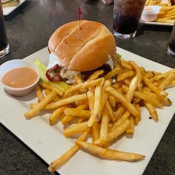 Hug Hes - Bacon Bleu burger with shoestring fries - New American Near Me - Centerville, Utah Hug Hes - Bacon Bleu burger with shoestring fries - New American Near Me - Centerville, Utah
