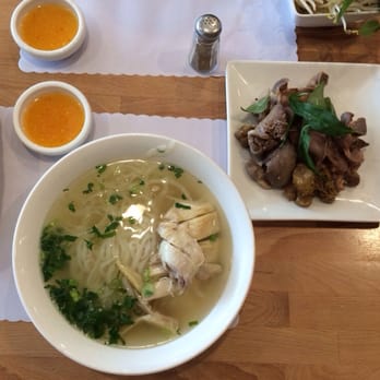 Nam An - Pho ga (chicken pho) with a side plate if chicken gizzard, heart, and liver - Vietnamese Near Me - Westminster, California