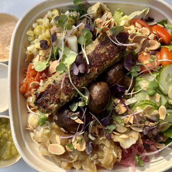 Happea's - Kabab Bowl with Happea's Secret Sauce, Lemon Tahini, Spicy Relish - Mediterranean Near Me - Miami, Florida Happea's - Kabab Bowl with Happea's Secret Sauce, Lemon Tahini, Spicy Relish - Mediterranean Near Me - Miami, Florida