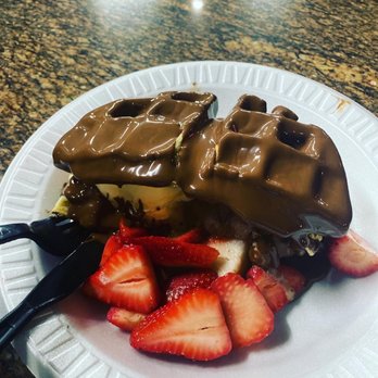 Choco Fruit - Belgian Chocolate Waffle with ice cream in middle & strawberries - Creperies Near Me - Anaheim, California