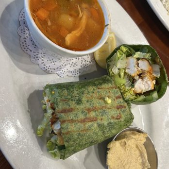 Panini Kabob Grill - Chicken Wrap(Spinach) with chicken Cup Chicken Veg. Soup -very good taste - Mediterranean Near Me - Brea, California Panini Kabob Grill - Chicken Wrap(Spinach) with chicken Cup Chicken Veg. Soup -very good taste - Mediterranean Near Me - Brea, California