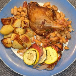 Duck Cassoulet, Vegetable Tian, Duck fat roasted potatoes Duck Cassoulet, Vegetable Tian, Duck fat roasted potatoes