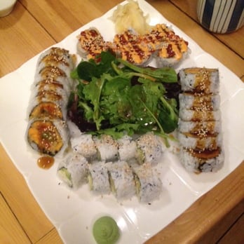 Green Leaf Sushi - Selection of Spicy Salmon roll, Yam Tempura Roll, California Roll, and Veggie Tempura - Miso Soup, Edamame. A delight of flavour - Sushi Bars Near Me - Vancouver, British Columbia