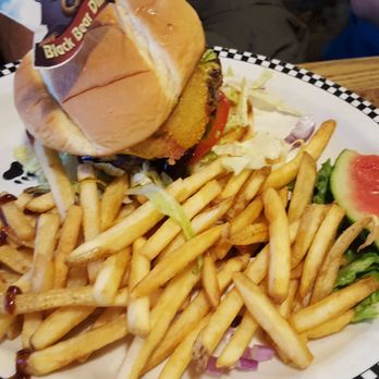 Black Bear Diner Madras - Western Burger: BBQ Sauce and Thousand Isand with onion rings inside burger - American Near Me - Madras, Oregon Black Bear Diner Madras - Western Burger: BBQ Sauce and Thousand Isand with onion rings inside burger - American Near Me - Madras, Oregon