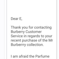 Perfume Collection - Official letter from the company Burberry stating perfume collection is not authorized
