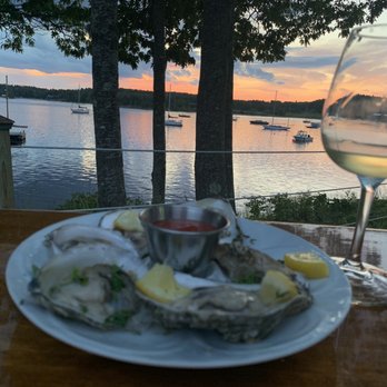 Abel's Lobster - Oysters and Chardonnay at sunset - Seafood Near Me - Mount Desert, Maine