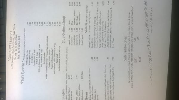Menu photo 5 Paul's Donuts Subs & Gyros Fort Worth, TX
