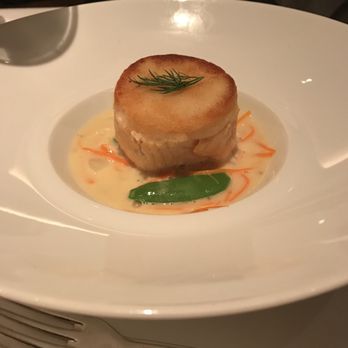 Gary Danko - Second course: Horseradish Crusted Salmon Medallion with Dilled Cucumbers and Mustard Sauce - New American Near Me - San Francisco, California