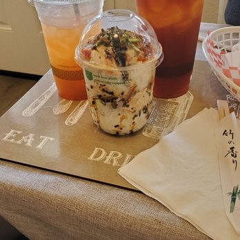 Conversations - Sushi cup with the gummy bear tea and white peach iced tea - Cafes Near Me - Honolulu, Hawaii