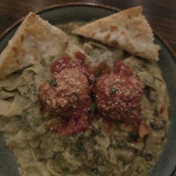 Fable and Fire - Wild Mushroom Pesto Pasta - added lamb meatballs - Salad Near Me - Rockwall, Texas Fable and Fire - Wild Mushroom Pesto Pasta - added lamb meatballs - Salad Near Me - Rockwall, Texas