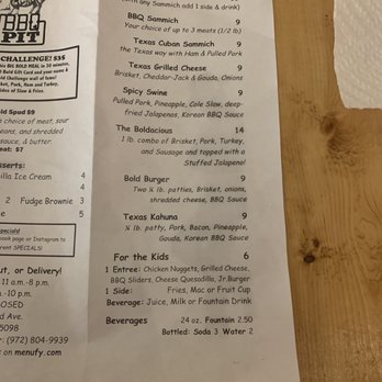 Bold BBQ Pit - Right side of menu - Barbeque Near Me - Wylie, Texas