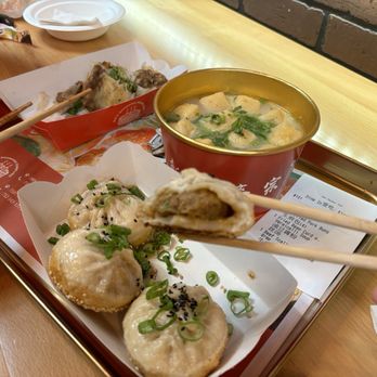 Wu' s Shanghai Dumpling - Shanghai Pan-Fried Pork Buns (4), Beef Scallion Pancake Wrap, Fried Bean Curd w. Vermicelli Soup - Shanghainese Near Me - Edison, New Jersey