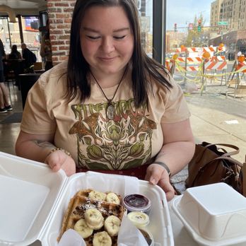 Wheat's End Cafe & Bakery - Chocolate chip banana Belgian Waffles with blueberry syrup - Bakeries Near Me - Chicago, Illinois