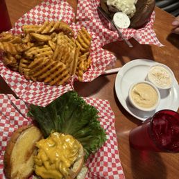 Cheeseburger. Family style waffle fry w/ seasoned sour cream & chipotle mayo. Plaza Burger. Cheeseburger. Family style waffle fry w/ seasoned sour cream & chipotle mayo. Plaza Burger.