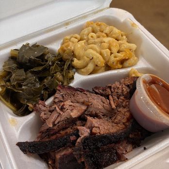 Smokey John's Bar-B-Que - Brisket plate, greens and Mac and cheese - Barbeque Near Me - Dallas, Texas