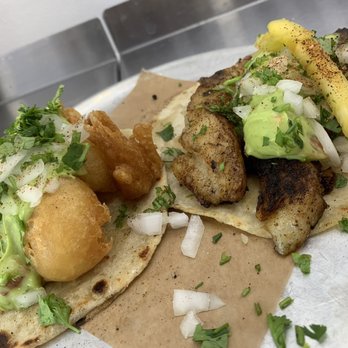 Gus Tacos - Battered shrimp and grilled fish taco. - Mexican Near Me - Toronto, Ontario