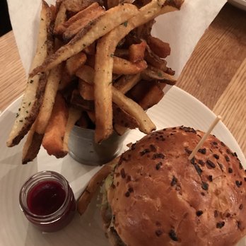 Agricola Eatery - Burger with fries and beet sauce! - New American Near Me - Princeton, New Jersey