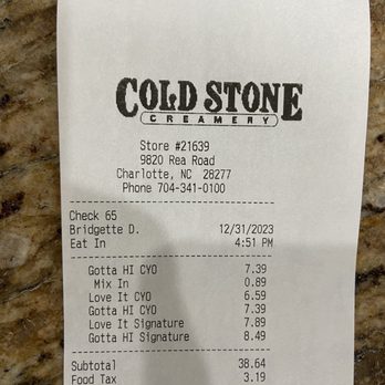 Cold Stone Creamery - Receipt - Ice Cream & Frozen Yogurt Near Me - Charlotte, North Carolina