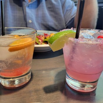 The Hideout Kitchen + Bar - The Hideout - prickly pear margarita, tequila, triple sec, sweet & sour, lime, rose sugar rim The Capone - peanut butter whiskey, orange... - Comfort Food Near Me - Palm Desert, California