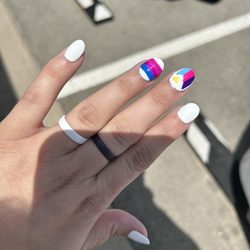 No 1 Nail - I requested a bisexual pride flag (ring finger) and a polyamory pride flag (middle finger).