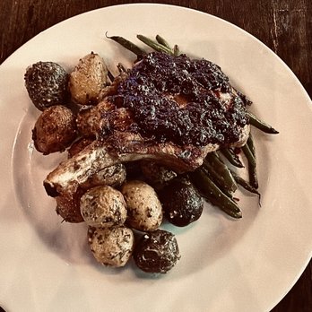 Sprig Restaurant - Bone-In Pork Chop with Blueberry Compote, "Potato Salad", Green Breans - Southern Near Me - Decatur, Georgia Sprig Restaurant - Bone-In Pork Chop with Blueberry Compote, "Potato Salad", Green Breans - Southern Near Me - Decatur, Georgia
