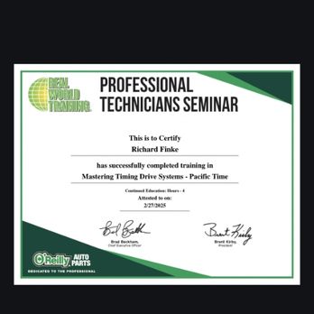 Think Finke Auto Repair - My certificate for mastering timing drive systems - Auto Repair Near Me - Jasper, Alabama Think Finke Auto Repair - My certificate for mastering timing drive systems - Auto Repair Near Me - Jasper, Alabama