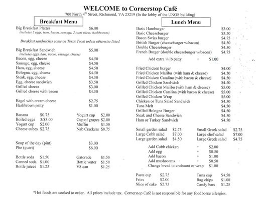 Menu photo 2 Cornerstop Cafe Richmond, VA Menu photo 2 Cornerstop Cafe Richmond, VA