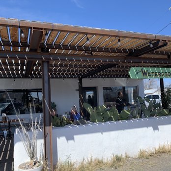 The Water Stop - Front view showing patio. Its just as casual chic indoors. - American Near Me - Marfa, Texas The Water Stop - Front view showing patio. Its just as casual chic indoors. - American Near Me - Marfa, Texas