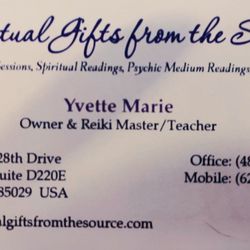 Spiritual Gifts from the Source - Yvette is loving and knowing! I felt safe from our 1st appt. Reiki was life-changing! Only Yvette knew of specific events. Just wow!