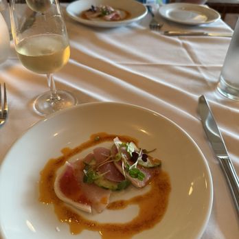 Wink - Hamachi sashimi with Armenian cucumber, watermelon radish, and chili vinaigrette - New American Near Me - Austin, Texas Wink - Hamachi sashimi with Armenian cucumber, watermelon radish, and chili vinaigrette - New American Near Me - Austin, Texas