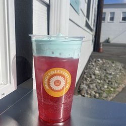 Rainier Valley Coffee - Cantaloupe and dragon fruit with pink lotus and blue raspberry coke foam