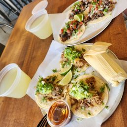Carnitas, Barbacoa, tamale, and spicy lemonade